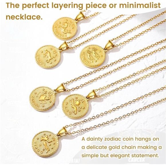Gold ZodiacNecklace for Women Men,Constellation Coin Horoscope Astrology Pendant - Picture 5 of 7